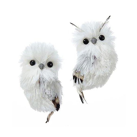 NWT Kurt Adler Set of 2 Silver & White Owls Ornament-4"-Hang-winter-X-mas-horned - Picture 1 of 1